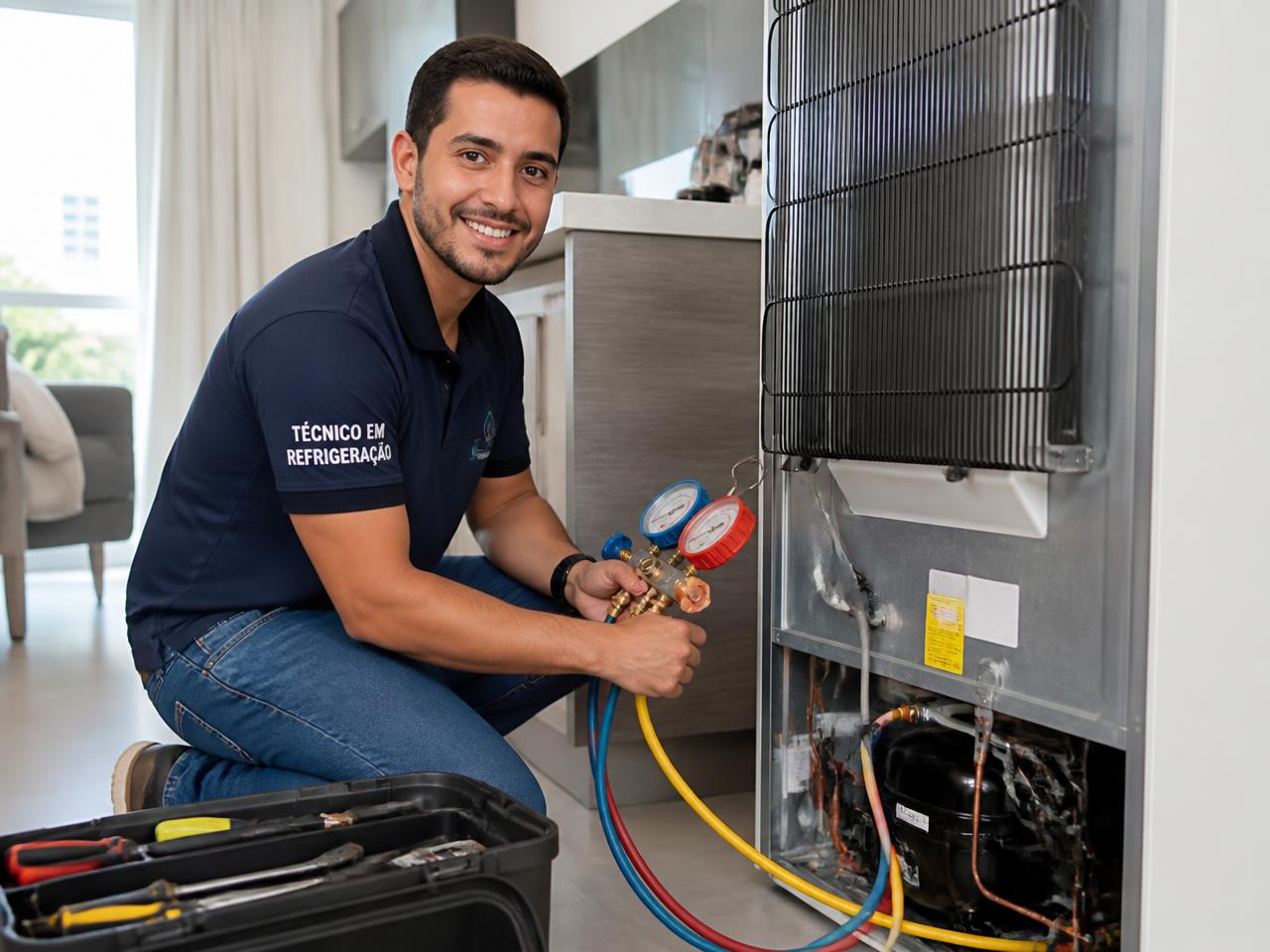 Técnico de refrigeração sorrindo enquanto realiza um serviço com ferramentas profissionais