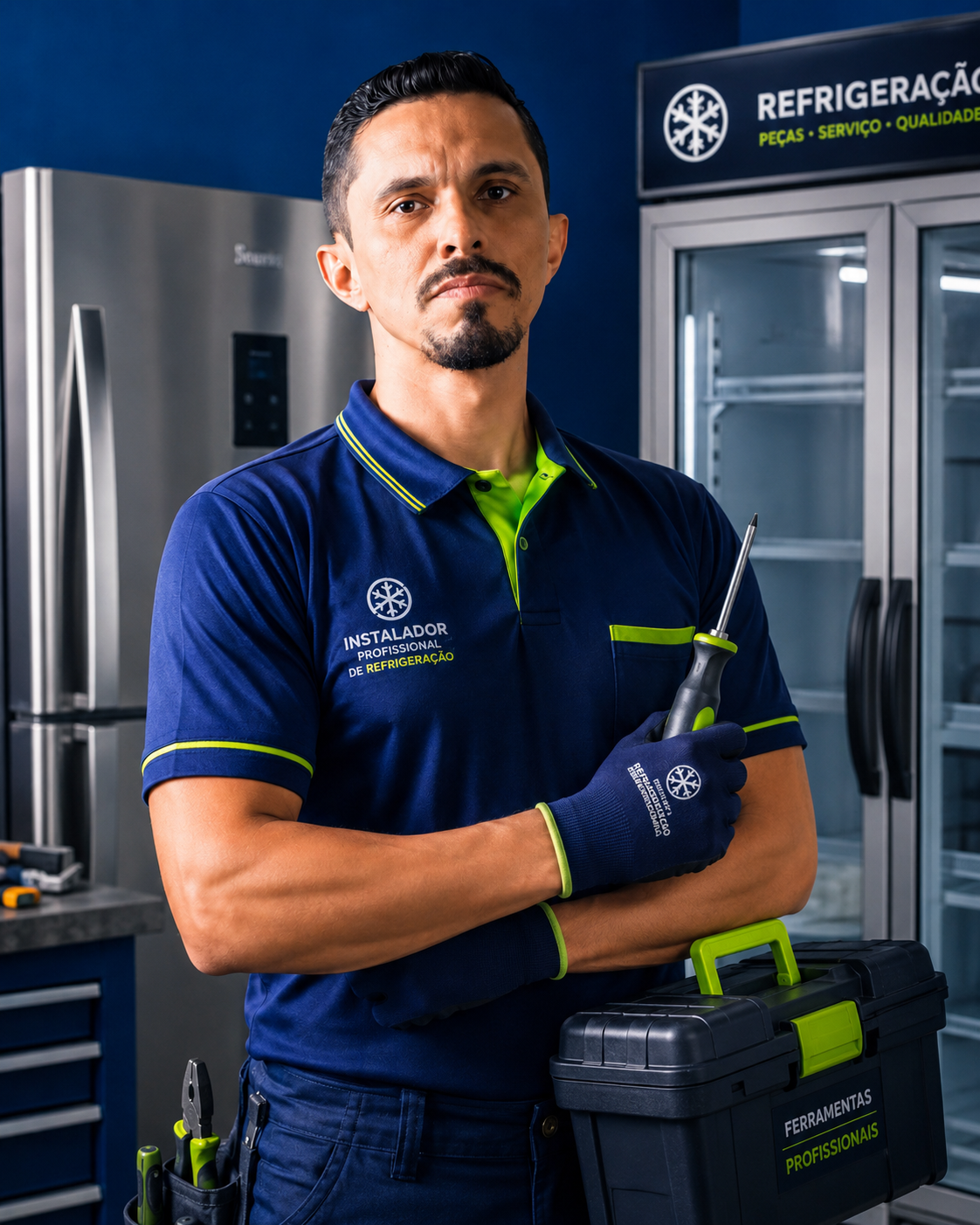 Professor Johnn, especialista em refrigeração, com uniforme profissional e ferramentas